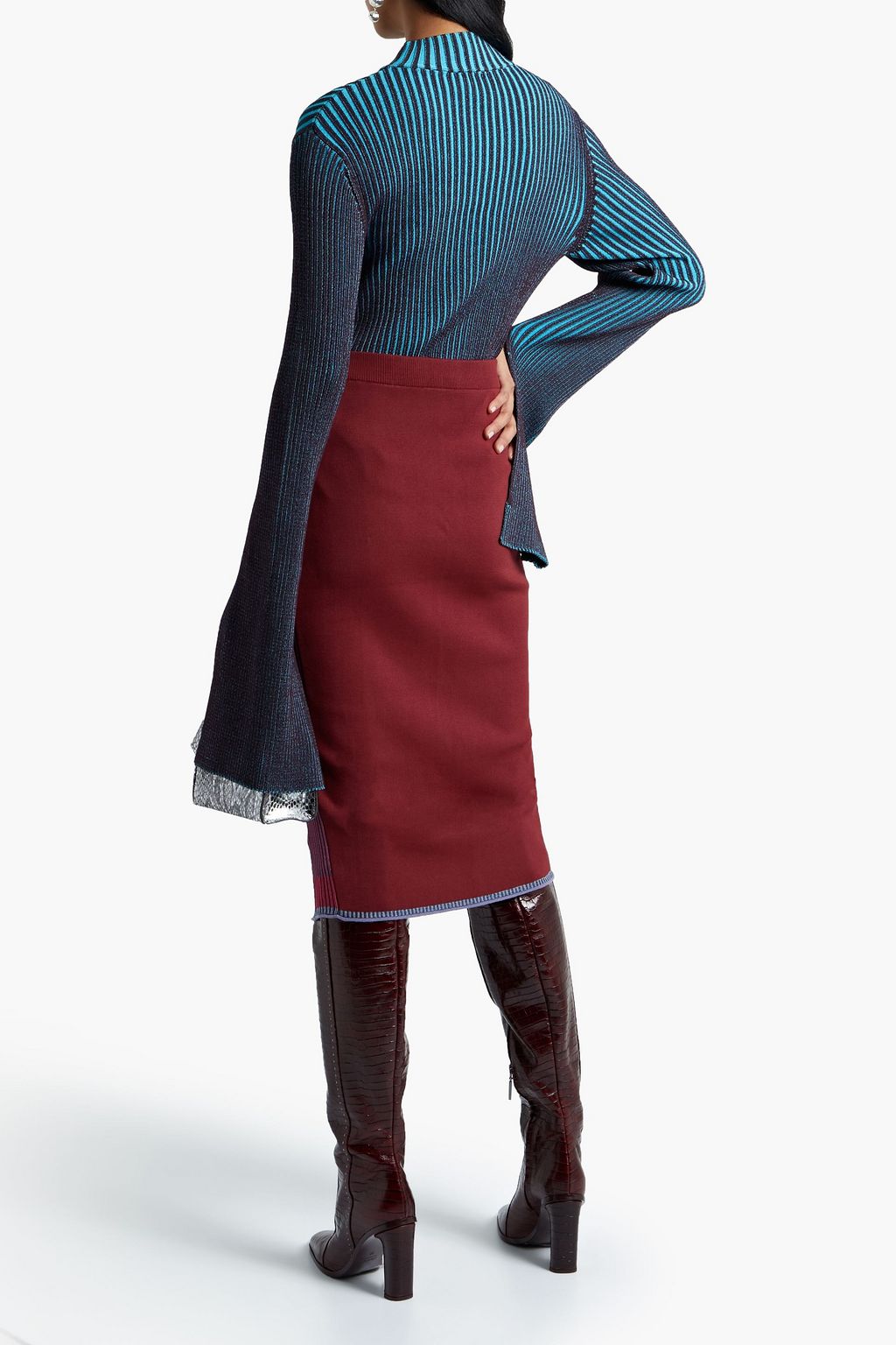 DIANE VON FURSTENBERG Metallic-trimmed stretch-knit midi pencil skirt