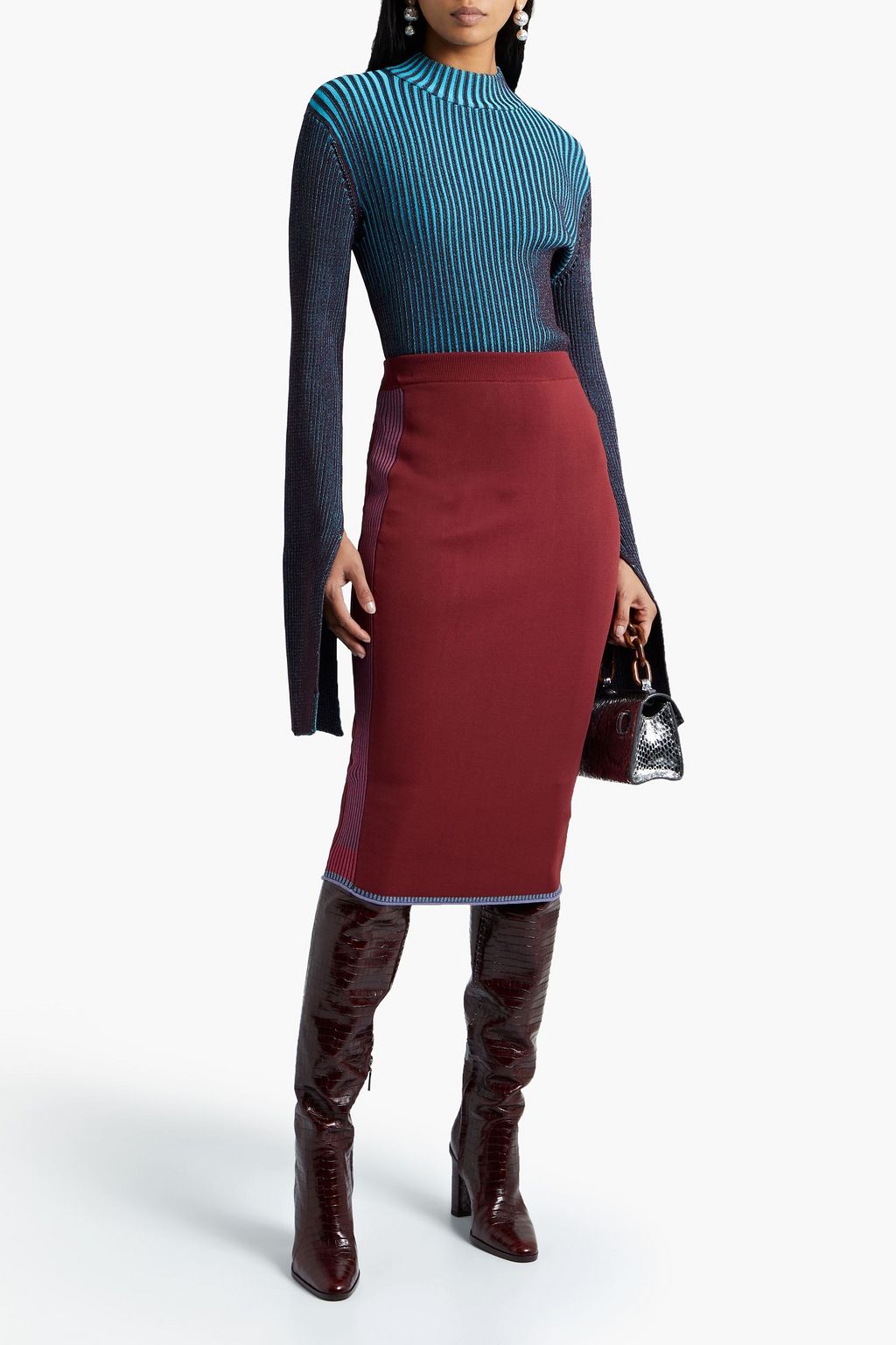 DIANE VON FURSTENBERG Metallic-trimmed stretch-knit midi pencil skirt