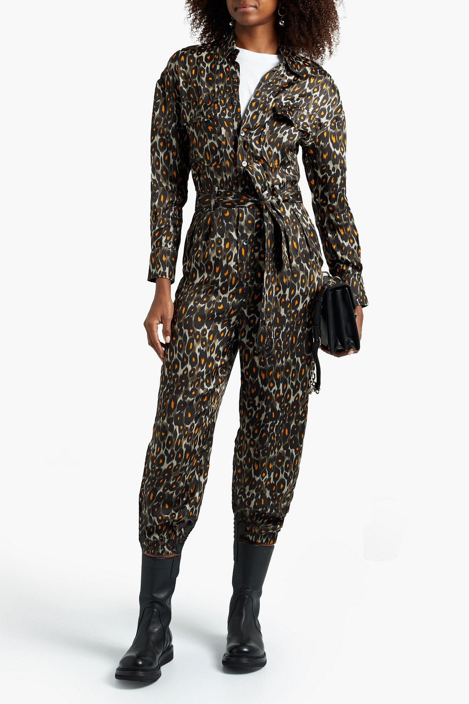 R13 Cropped Belted Leopard-print Cupro Jumpsuit In Gray