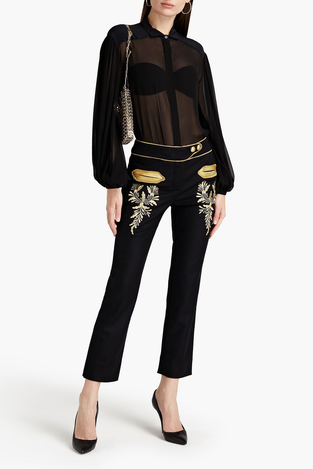RABANNE Cropped embroidered wool-blend felt straight-leg pants