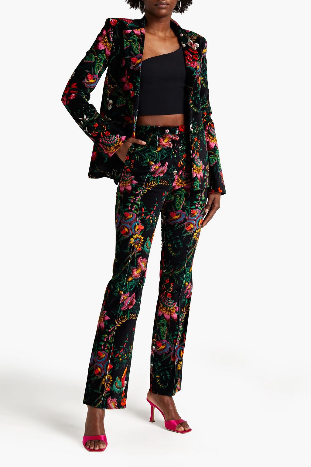 RABANNE Floral-print cotton-blend velvet straight-leg pants