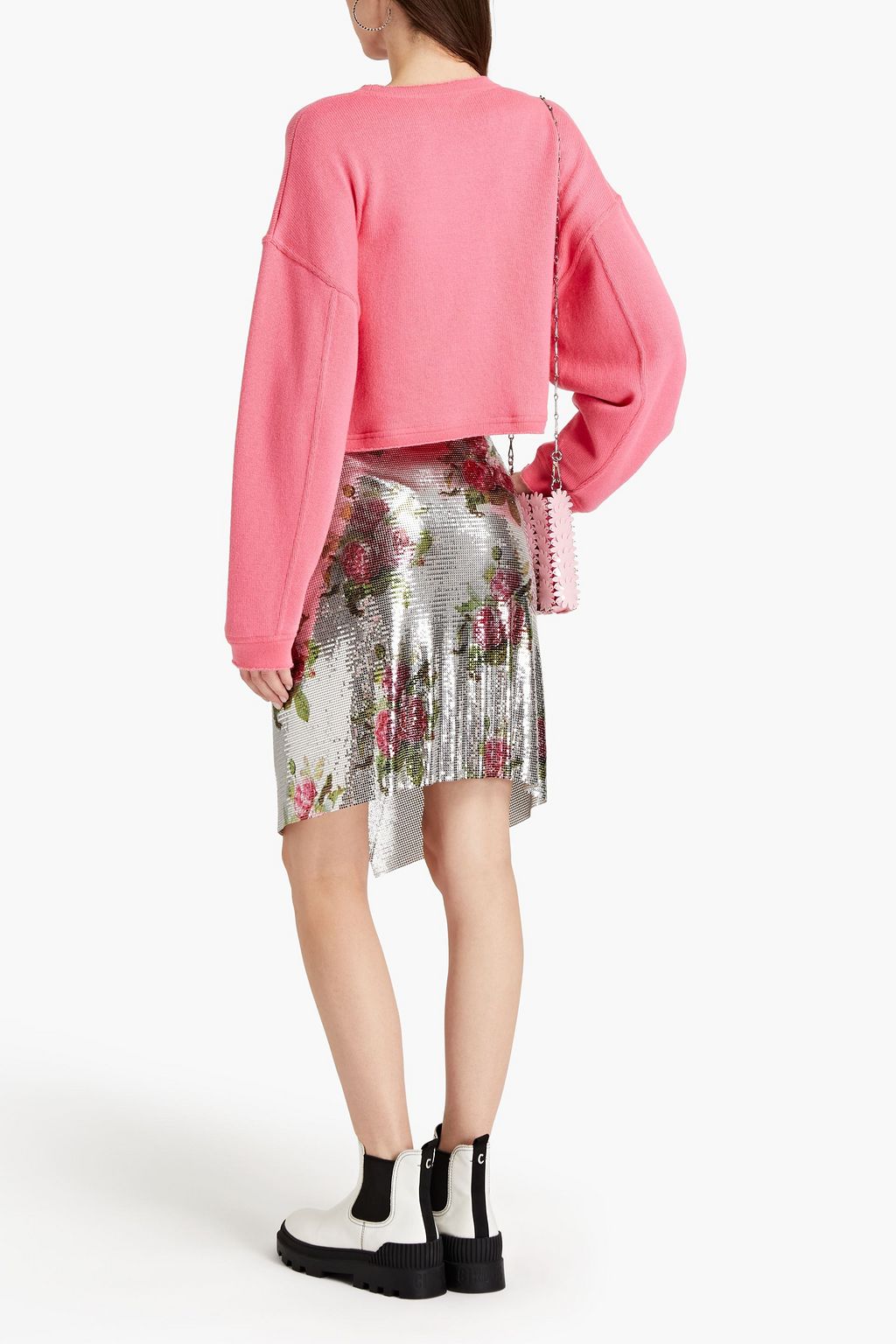 RABANNE Asymmetric floral-print chainmail wrap skirt
