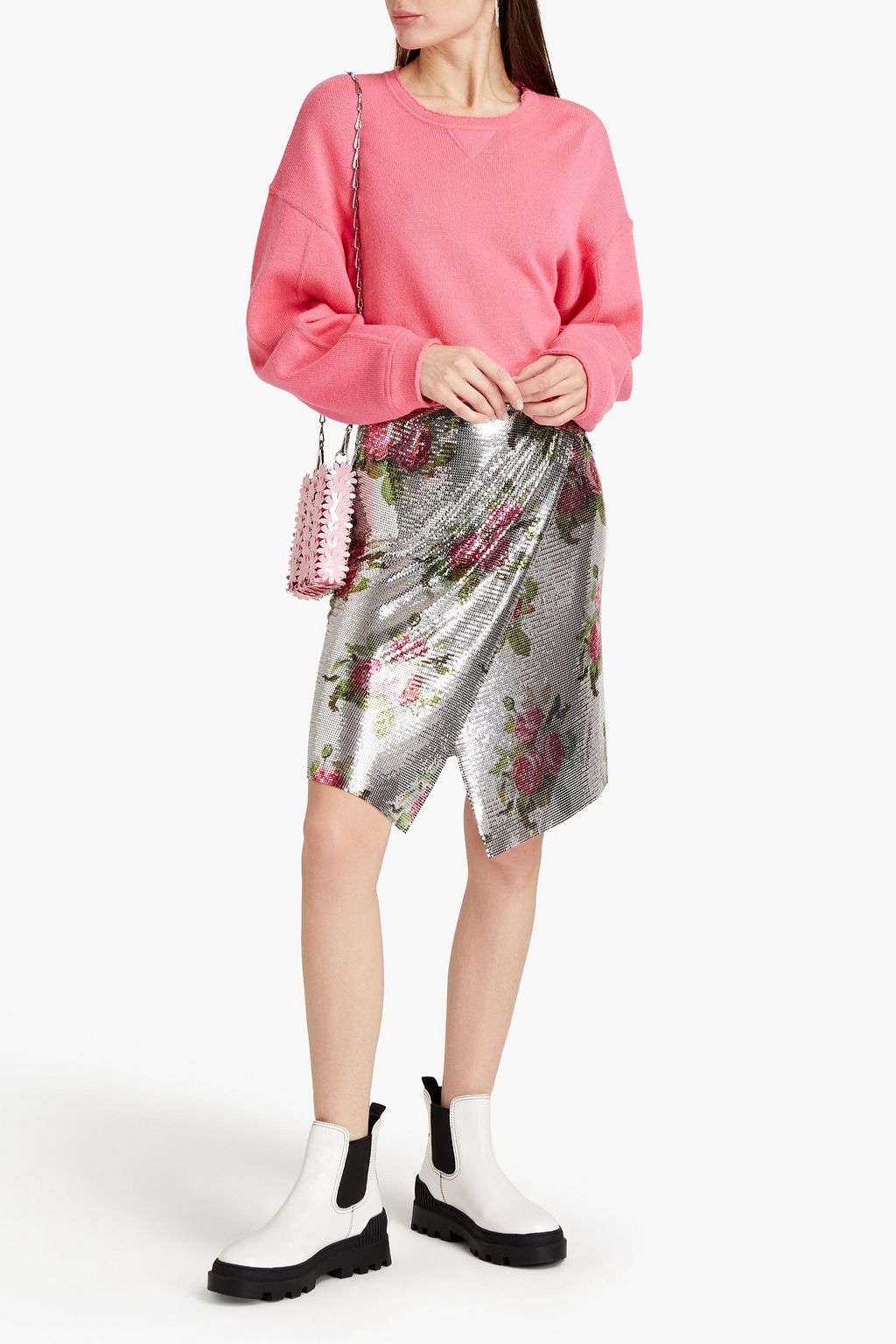 RABANNE Asymmetric floral-print chainmail wrap skirt