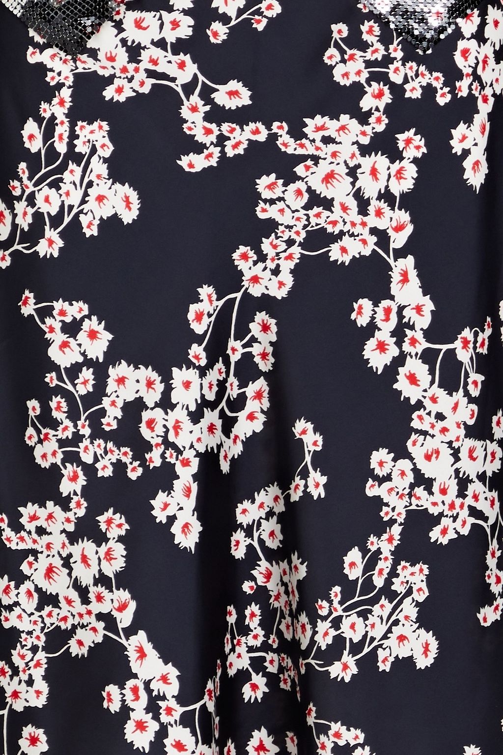 RABANNE Chainmail-paneled floral-print satin skirt