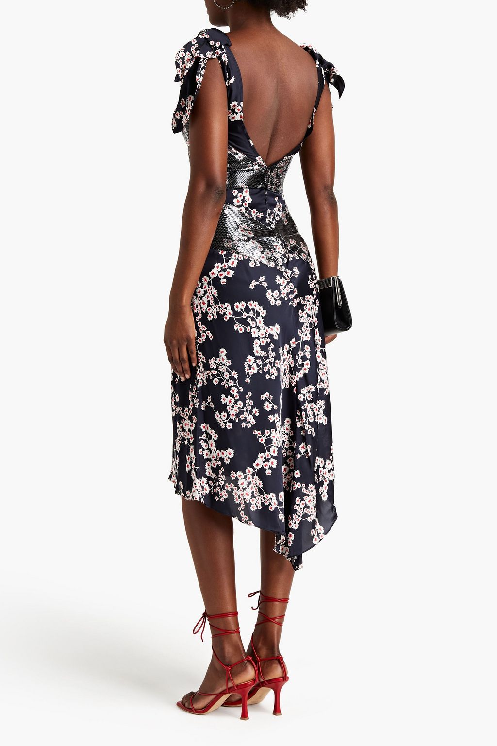 RABANNE Chainmail-paneled floral-print satin skirt