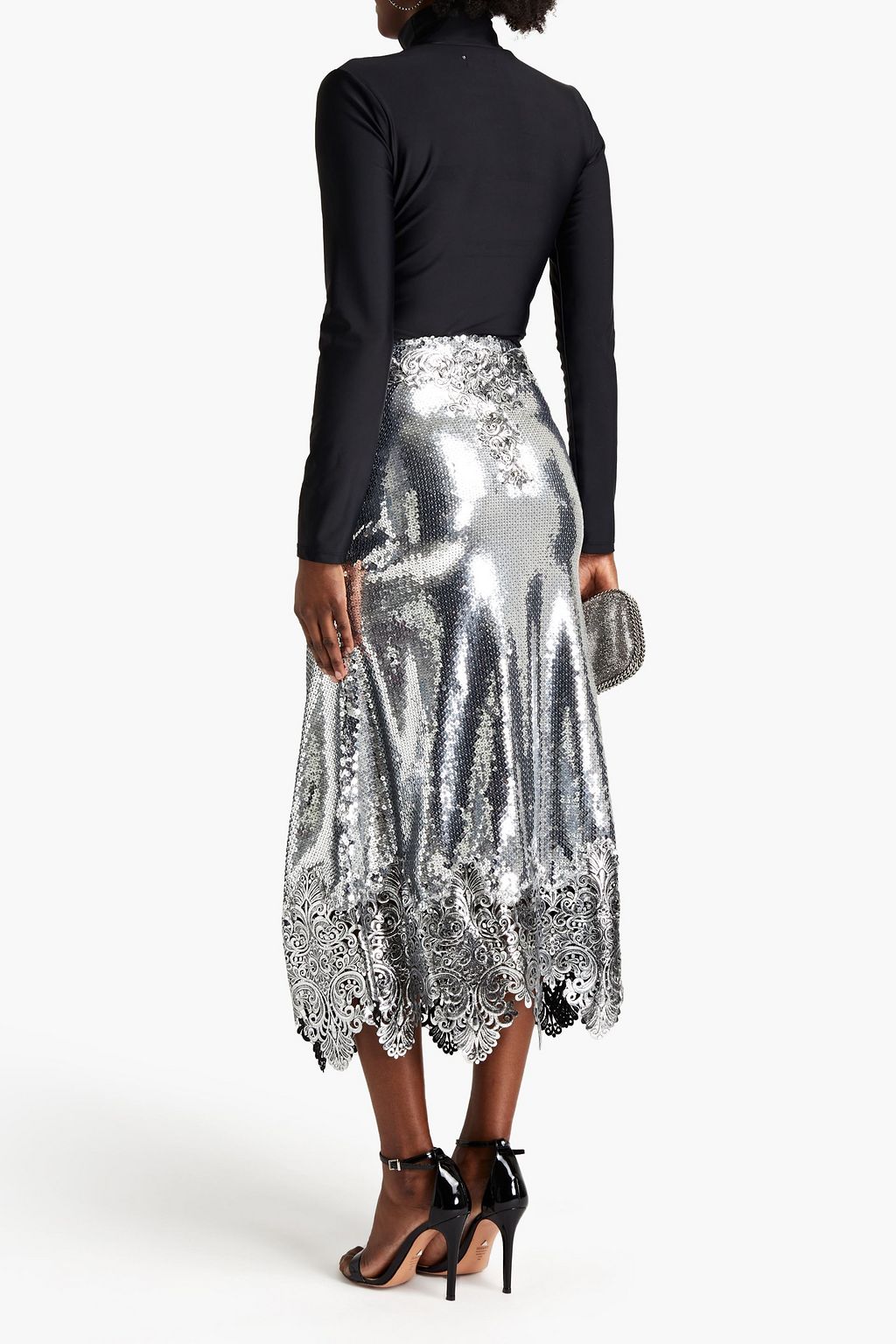 RABANNE Lace-trimmed sequined mesh midi skirt