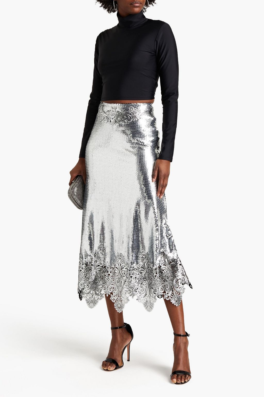 RABANNE Lace-trimmed sequined mesh midi skirt