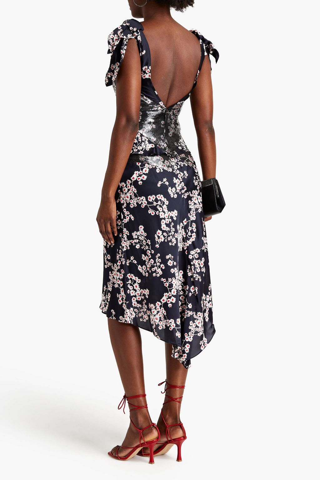 RABANNE Chainmail-paneled floral-print satin camisole