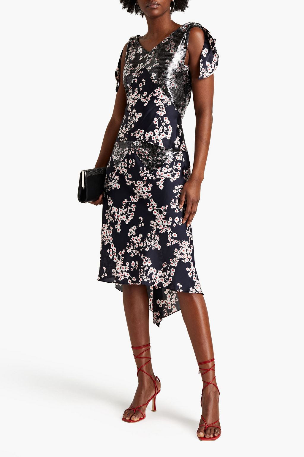 RABANNE Chainmail-paneled floral-print satin camisole