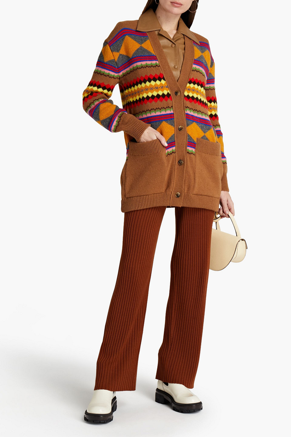 Alexa Chung Intarsia Wool Cardigan In Brown