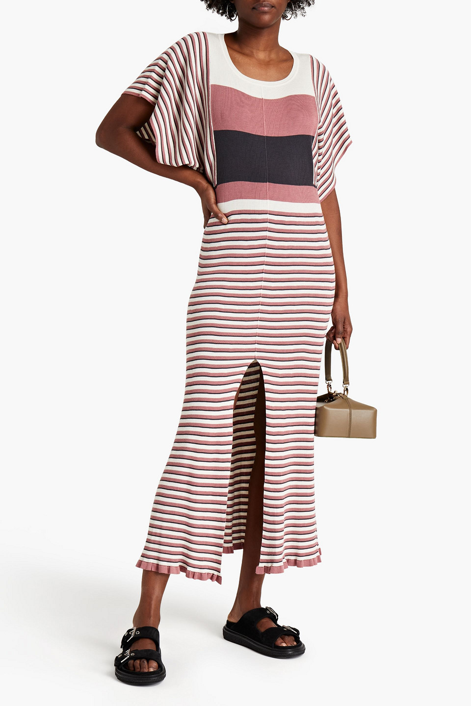 Alexa Chung Striped Ribbed Silk And Cotton-blend Midi Dress In Pink