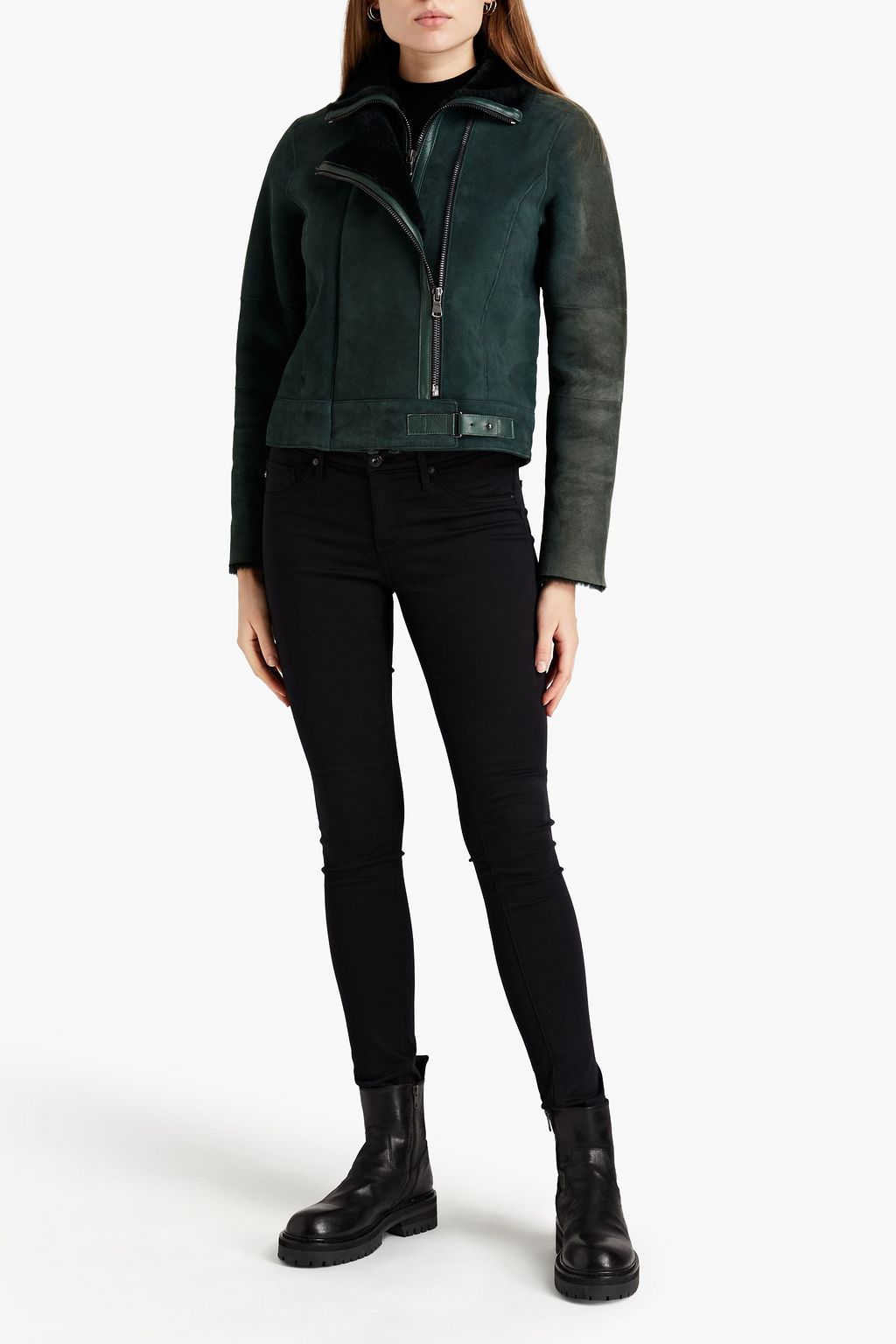 J BRAND Shearling and leather-trimmed suede jacket