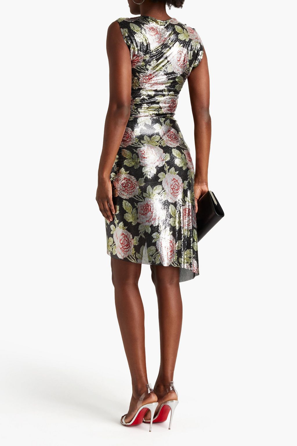 RABANNE Draped floral-print chainmail mini dress