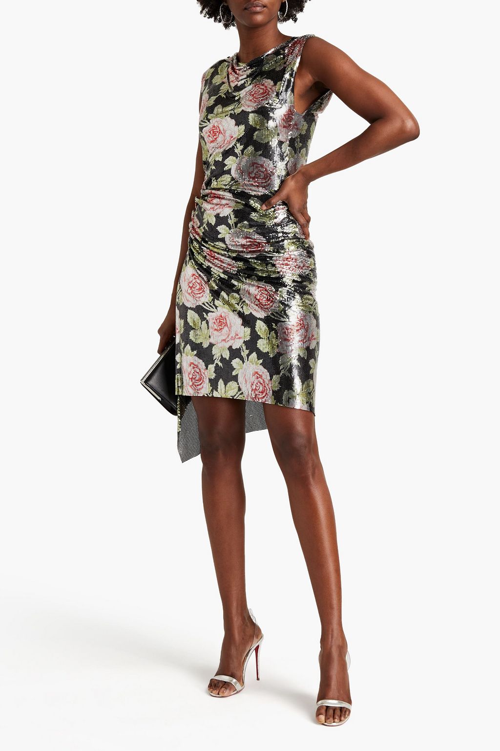 RABANNE Draped floral-print chainmail mini dress