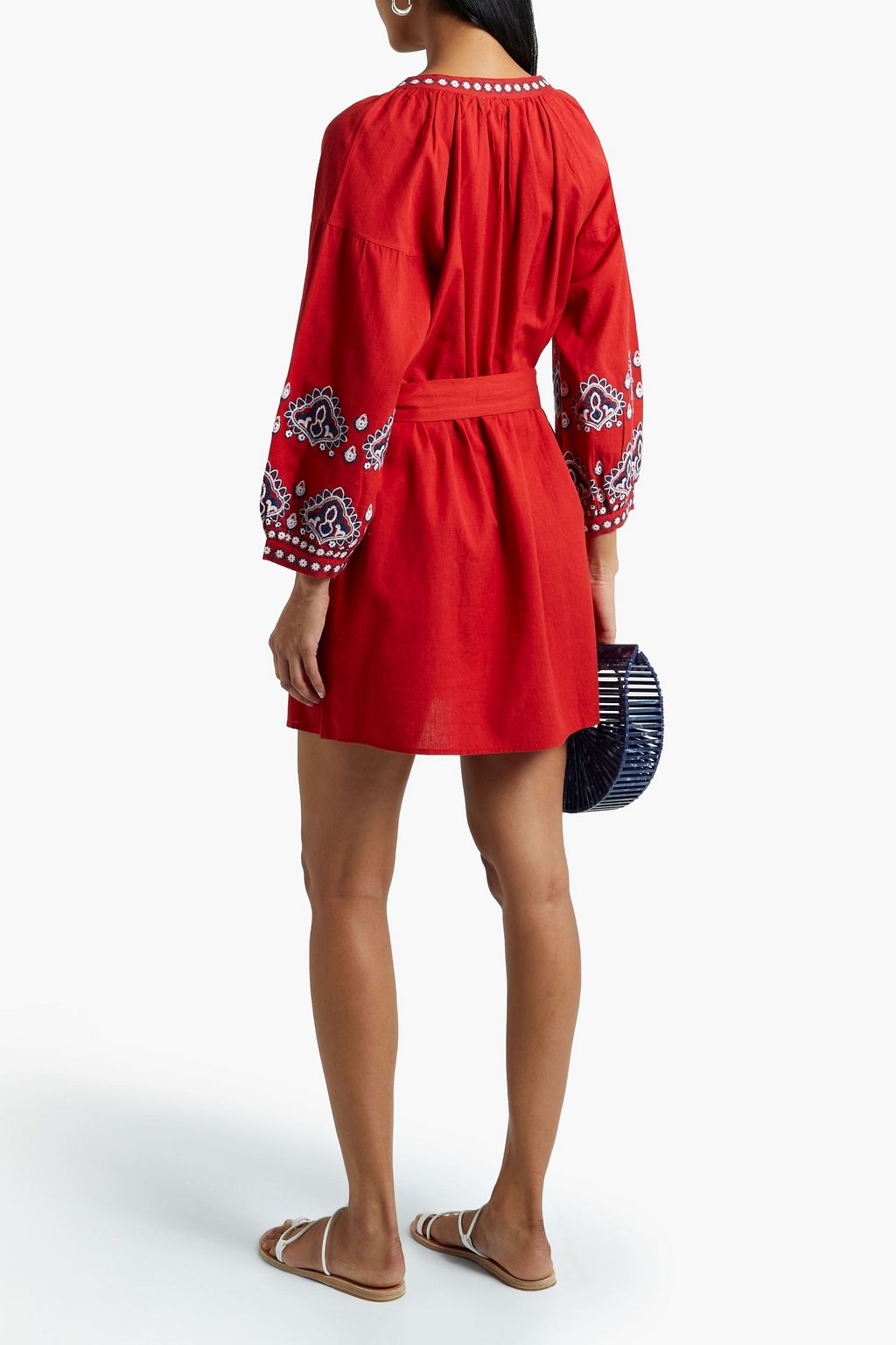 MELISSA ODABASH Tania belted embroidered cotton and linen-blend mini dress