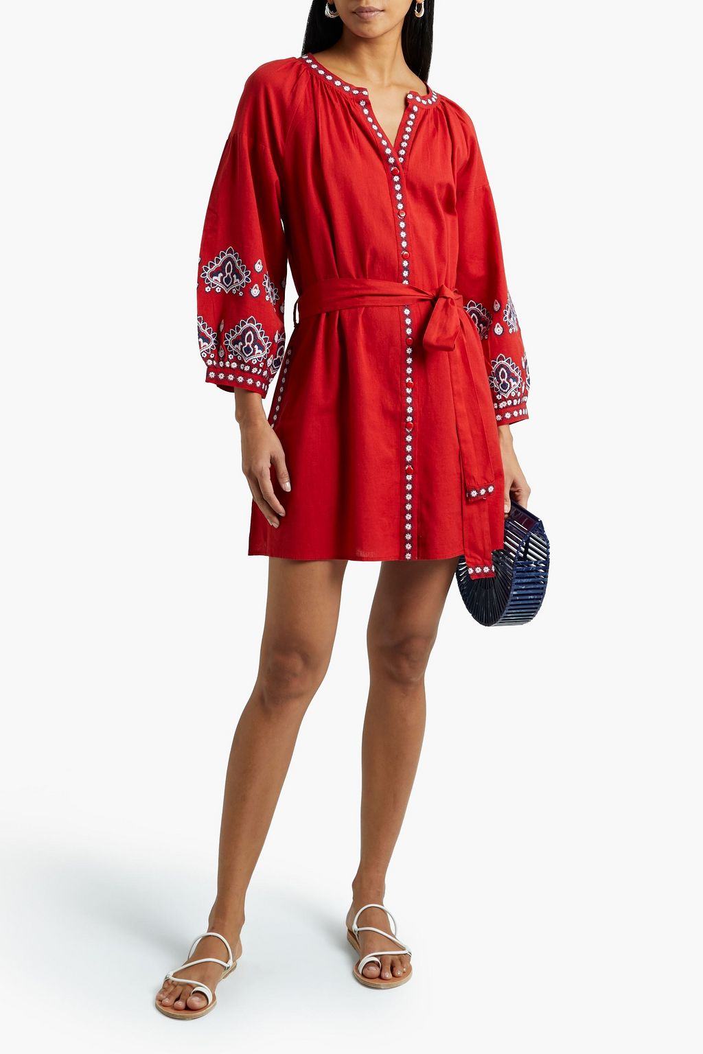 MELISSA ODABASH Tania belted embroidered cotton and linen-blend mini dress