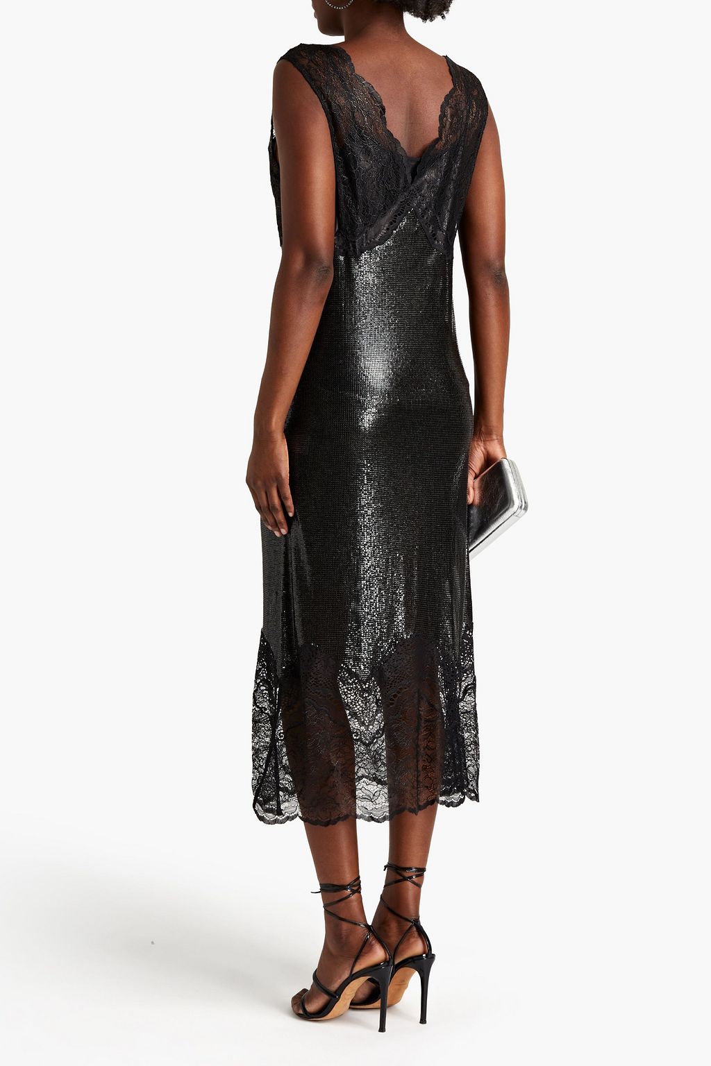 RABANNE Lace-paneled chainmail midi dress