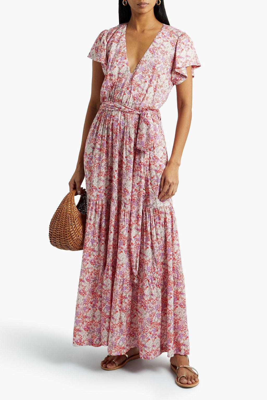 MELISSA ODABASH Sammy tiered floral-print metallic fil coupé voile maxi dress