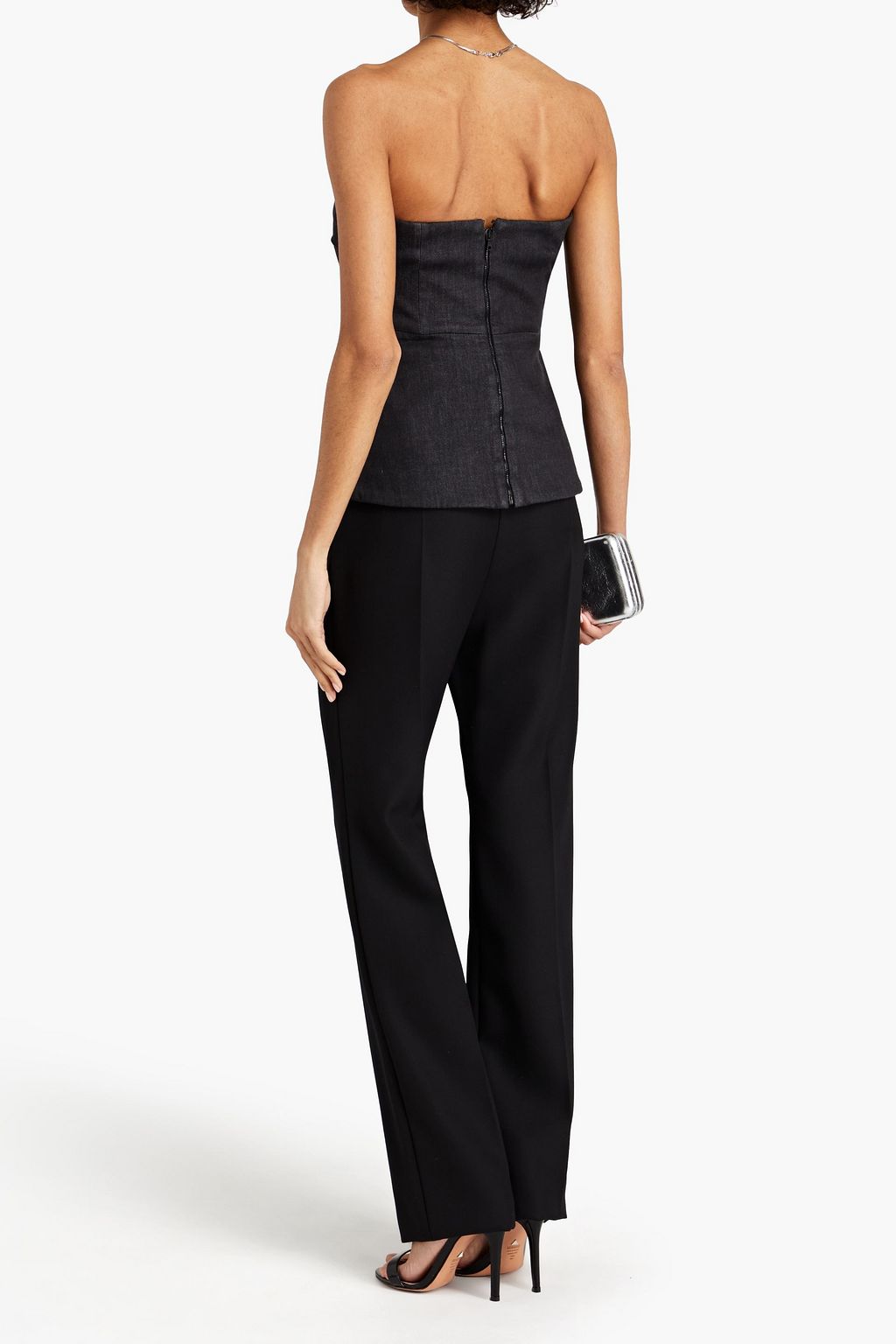 SAFIYAA Ruched denim peplum bustier top