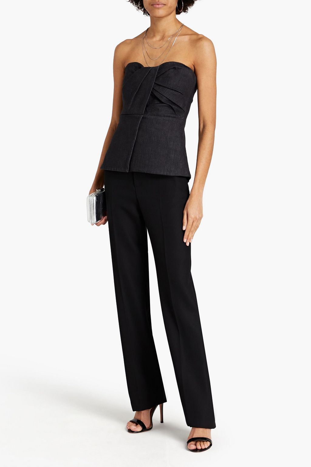 SAFIYAA Ruched denim peplum bustier top