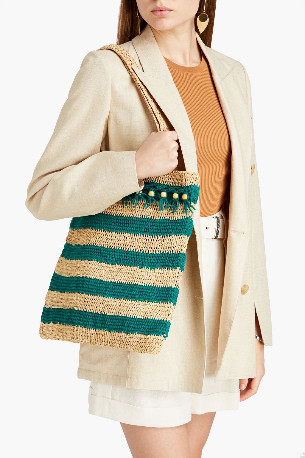 VANESSA BRUNO Paneled striped crochet and raffia tote