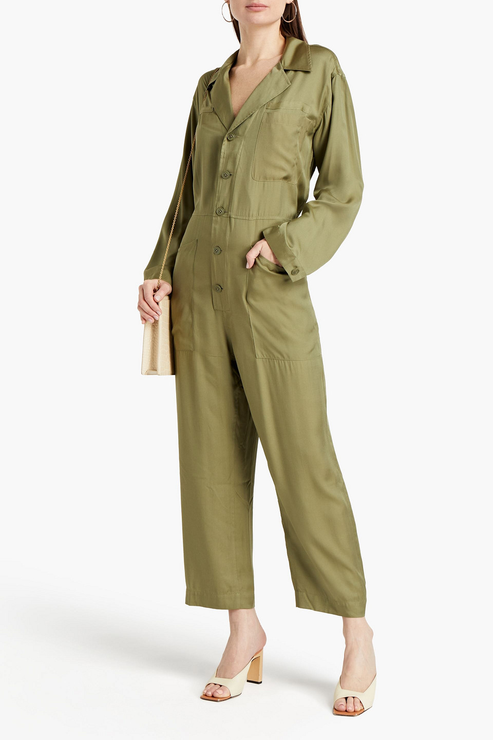 Equipment Almira Pleated Satin-twill Jumpsuit In Army Green