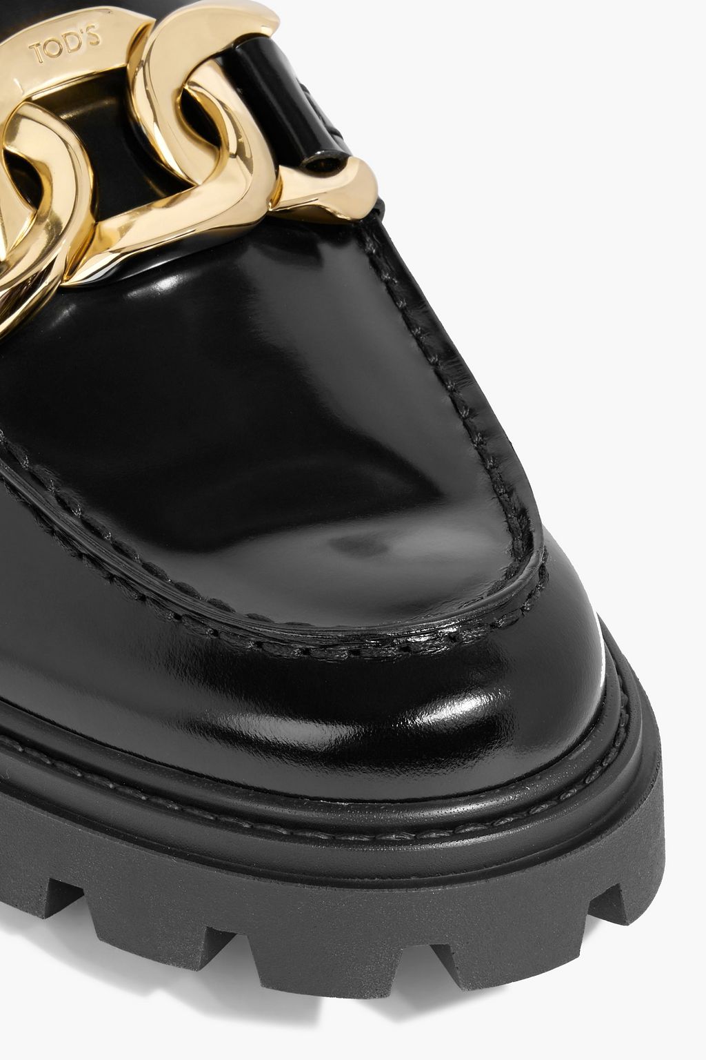 TOD'S Chain-embellished glossed-leather loafers