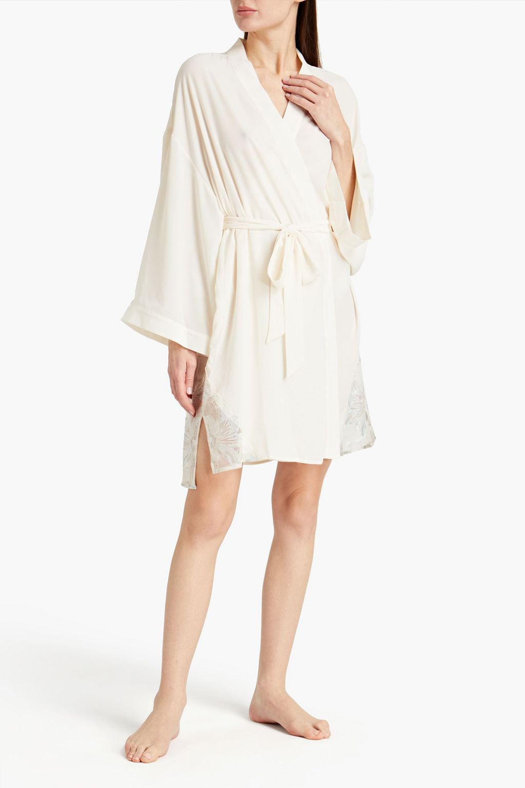 CALVIN KLEIN Belted lace-trimmed crepe robe