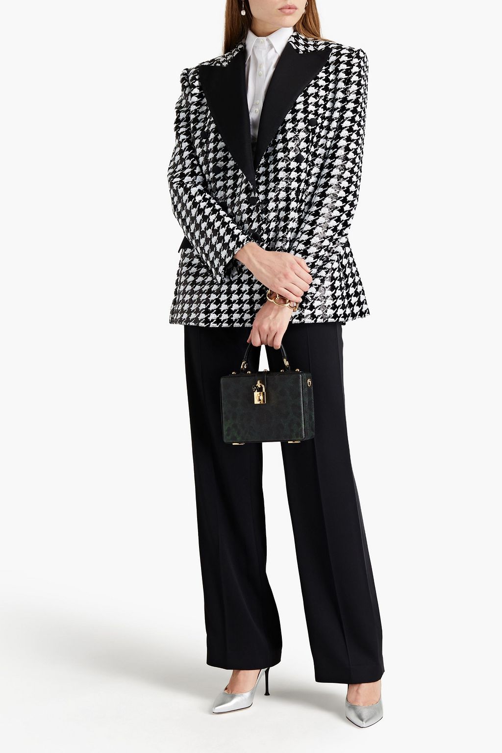 DOLCE&GABBANA Double-breasted houndstooth sequined mesh blazer