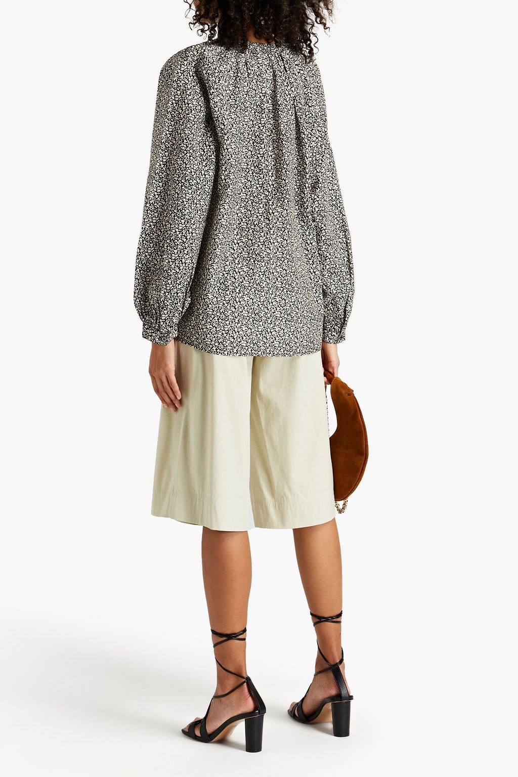 JOIE Gathered printed cotton and silk-blend top