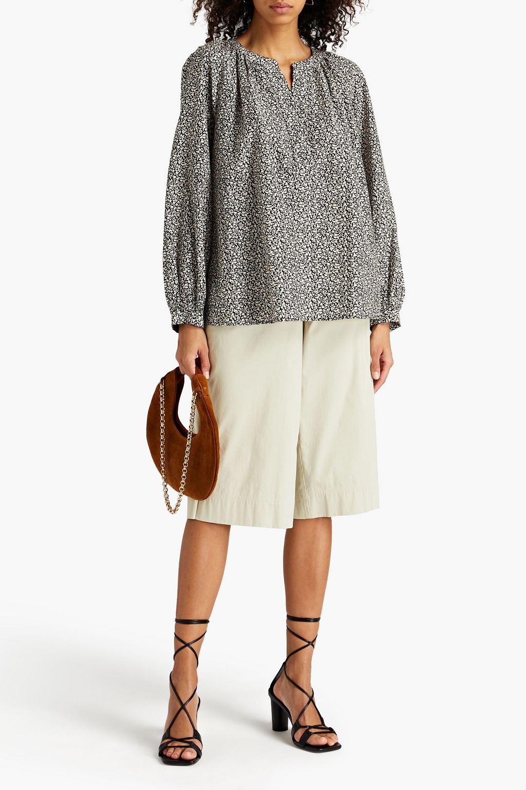 JOIE Gathered printed cotton and silk-blend top