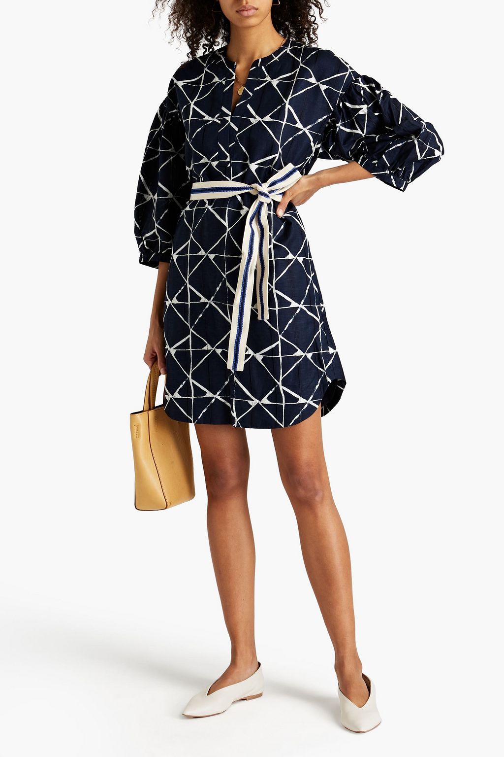 JOIE Belted printed linen and cotton-blend mini dress