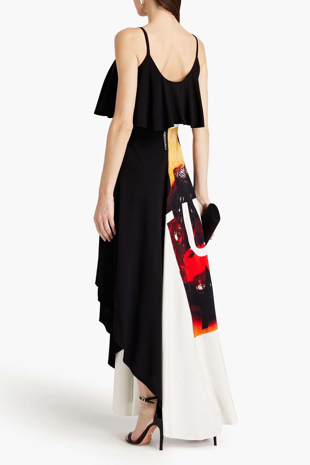 JUST CAVALLI Asymmetric ruffled printed twill midi dress