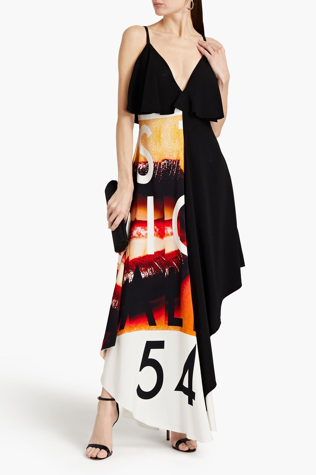 JUST CAVALLI Asymmetric ruffled printed twill midi dress