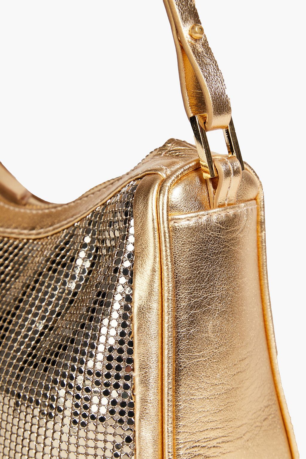 BY FAR Metallic leather-trimmed chainmail shoulder bag