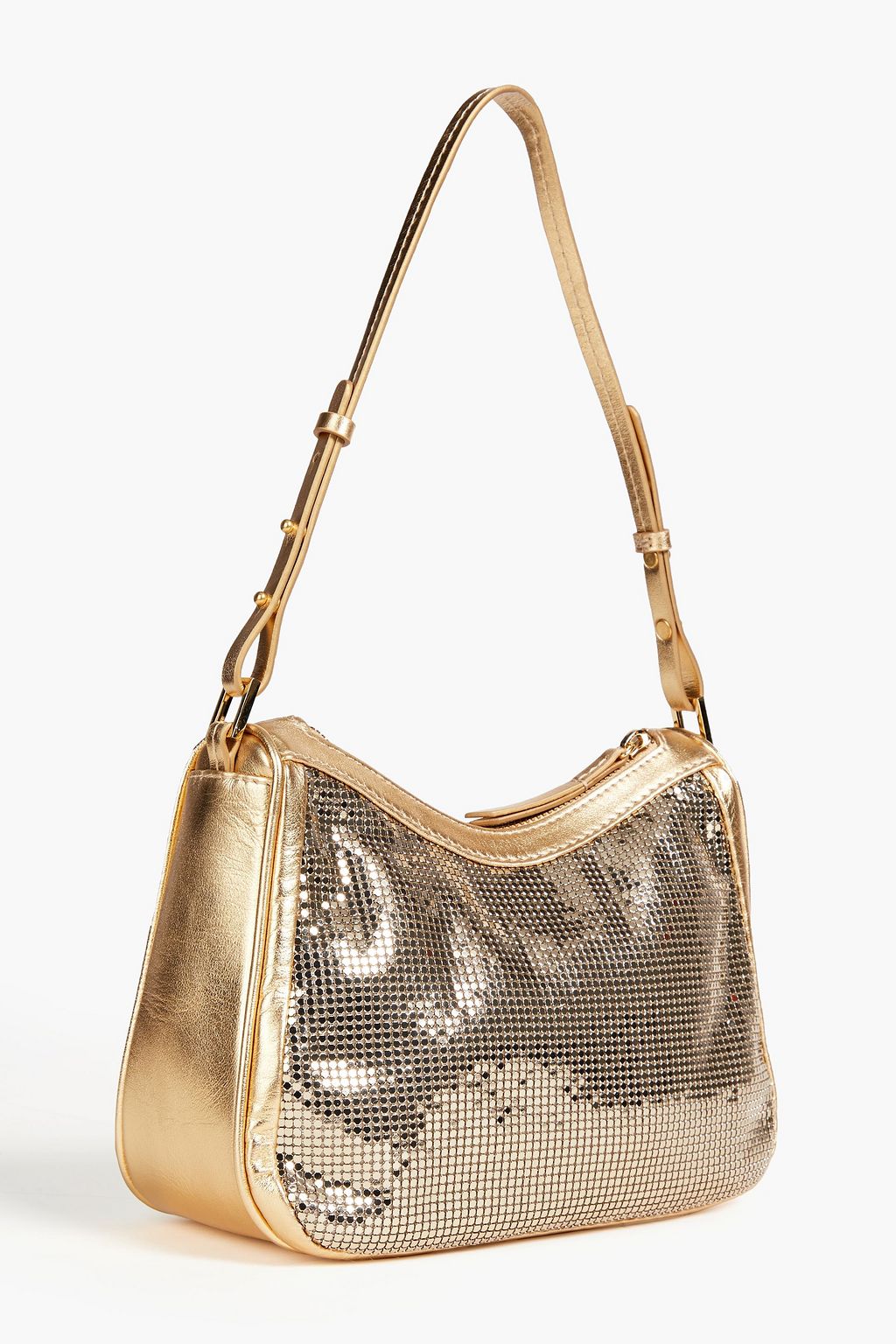 BY FAR Metallic leather-trimmed chainmail shoulder bag