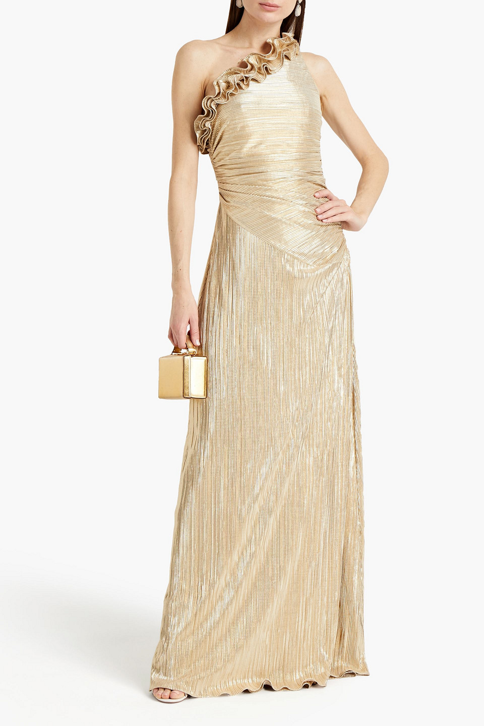 Rachel Zoe One-shoulder Ruffle-trimmed Pleated Lamé Gown In Gold