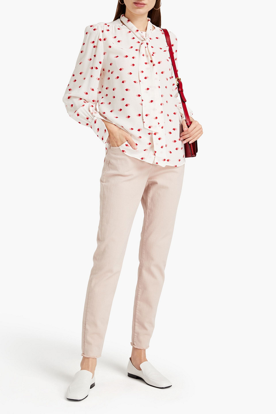 Equipment Tie-neck Printed Washed Silk Crepe De Chine Blouse In White