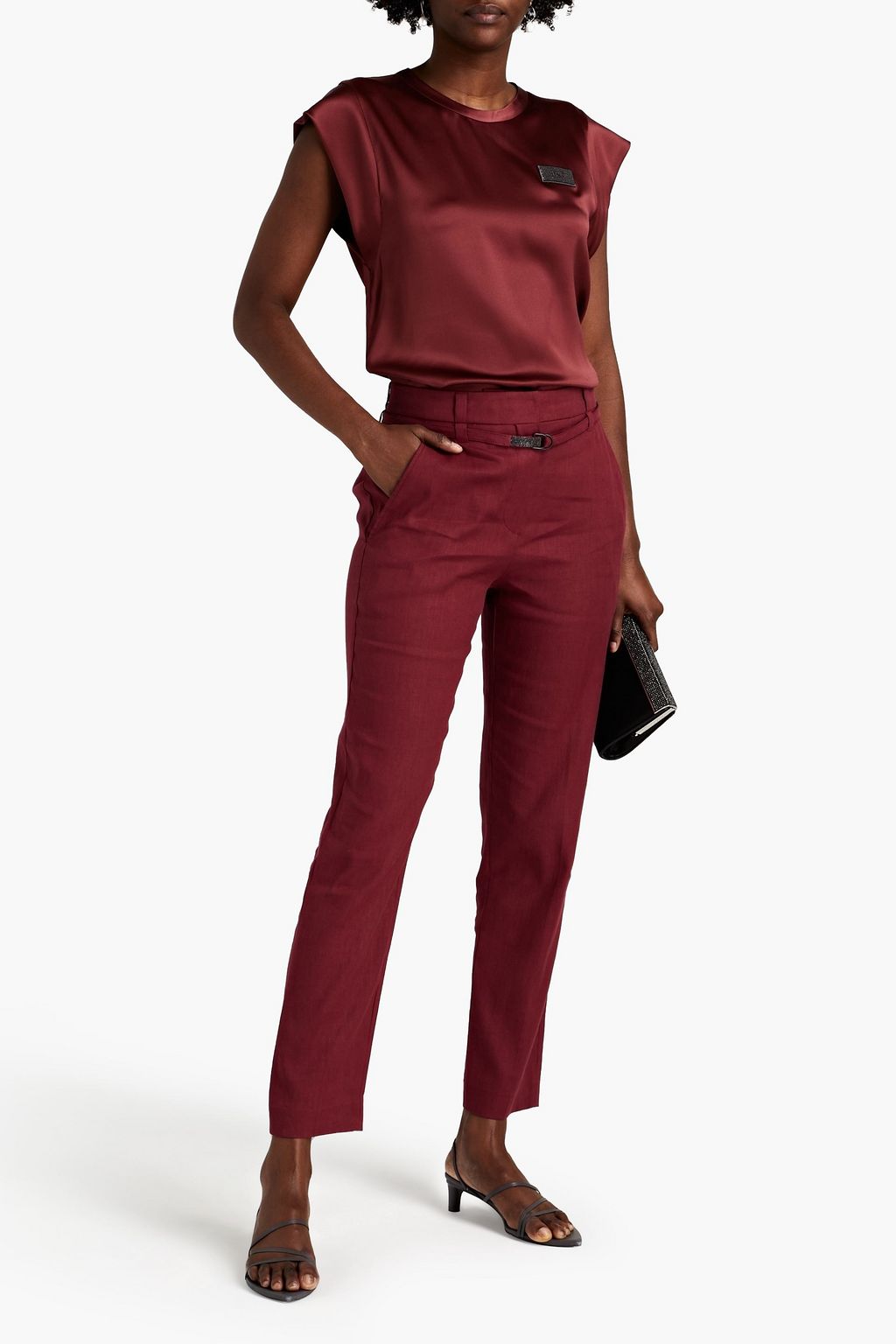 BRUNELLO CUCINELLI Karottenhose aus Twill aus einer Leinenmischung mit Verzierung und Gürtel
