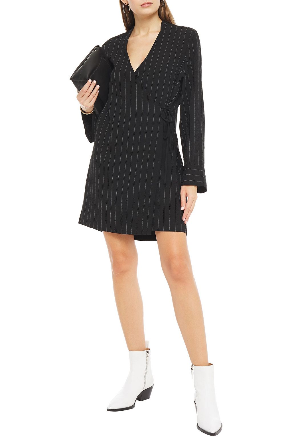 GANNI Pinstriped crepe mini wrap dress