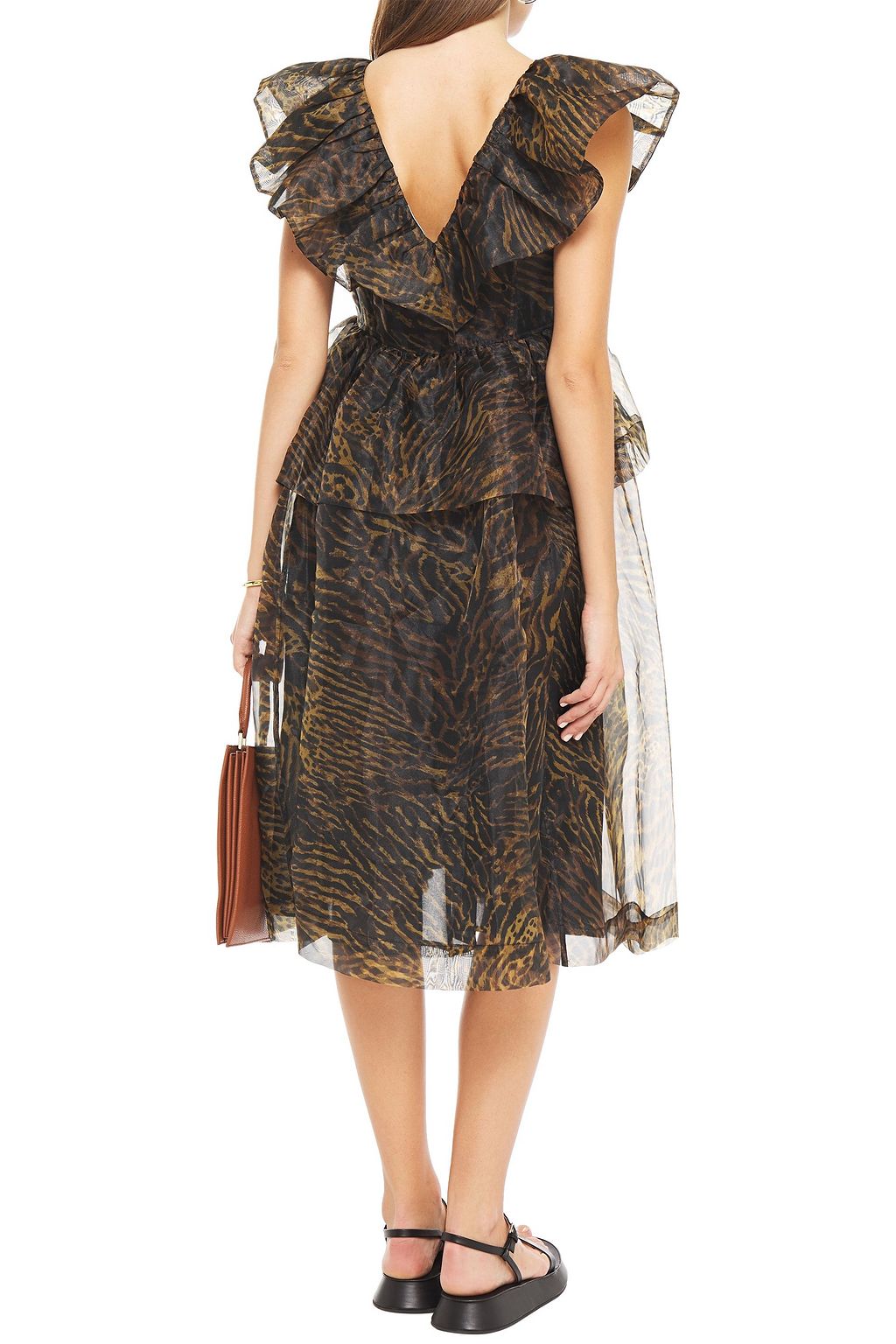 GANNI Ruffled tiger-print organza peplum midi dress