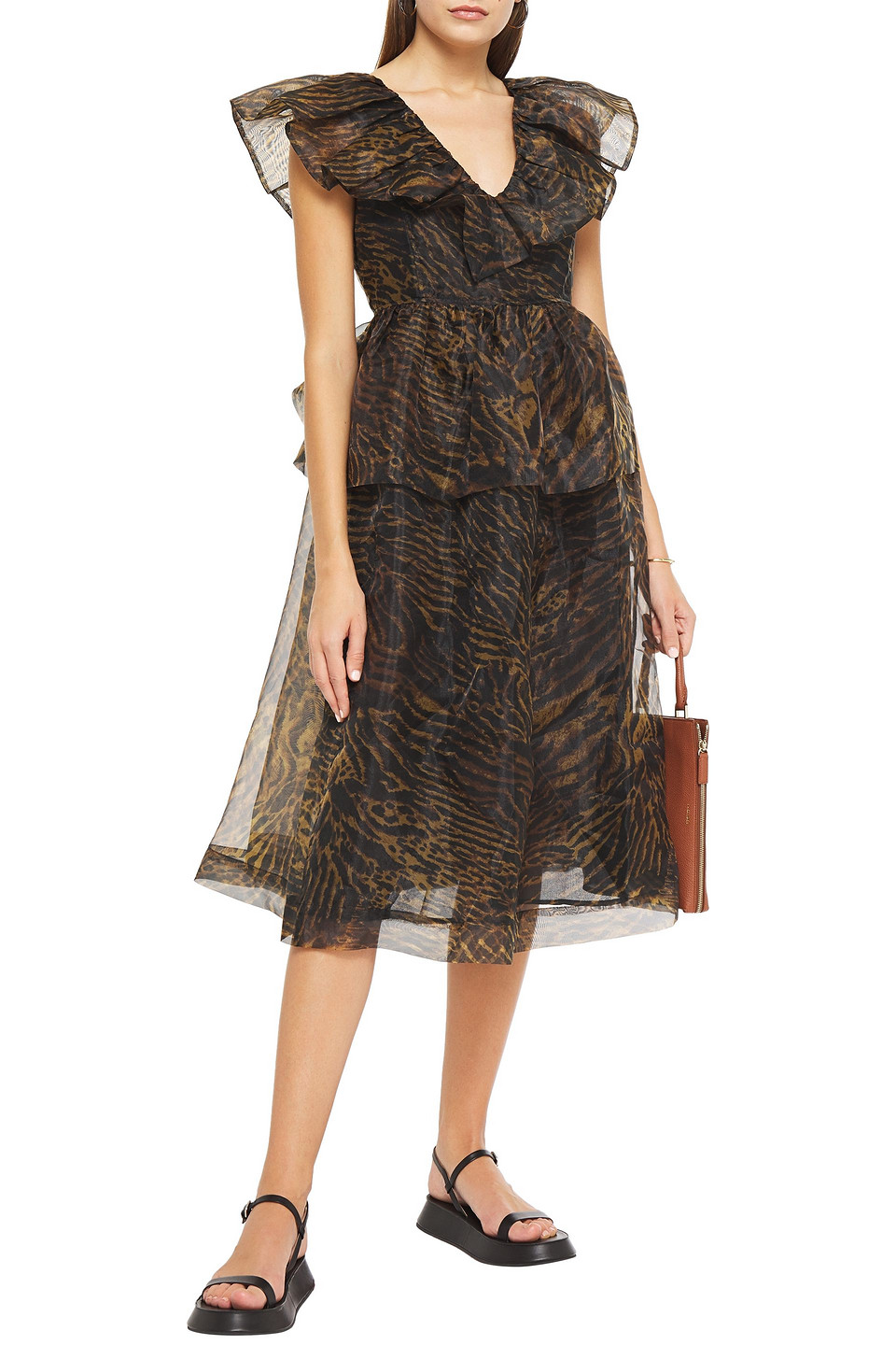 GANNI RUFFLED TIGER-PRINT ORGANZA PEPLUM MIDI DRESS