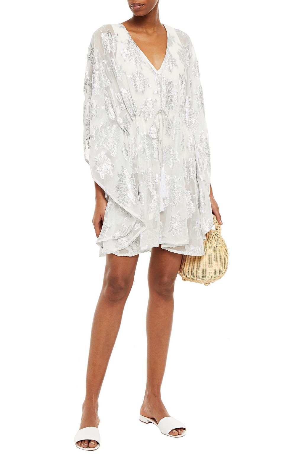 MELISSA ODABASH Gathered metallic fil coupé chiffon kaftan