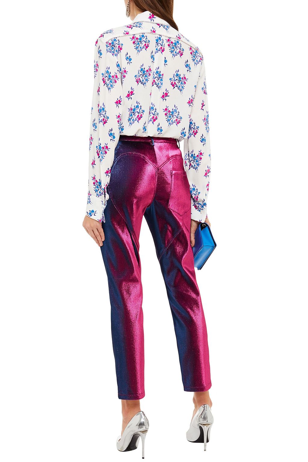 AREA Crystal-embellished floral-print stretch-crepe shirt