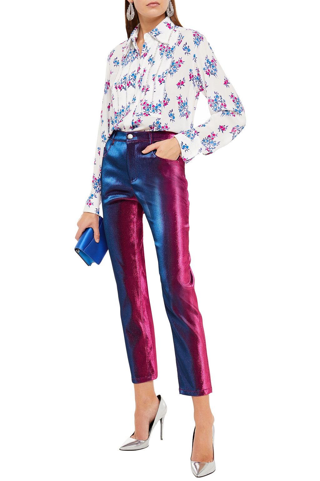 AREA Crystal-embellished floral-print stretch-crepe shirt