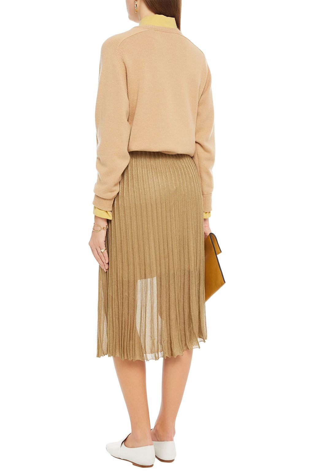 VINCE. Pleated metallic crochet-knit midi skirt