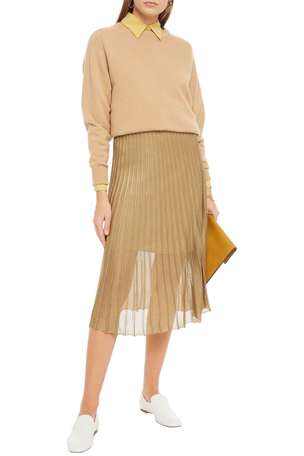 VINCE. Pleated metallic crochet-knit midi skirt