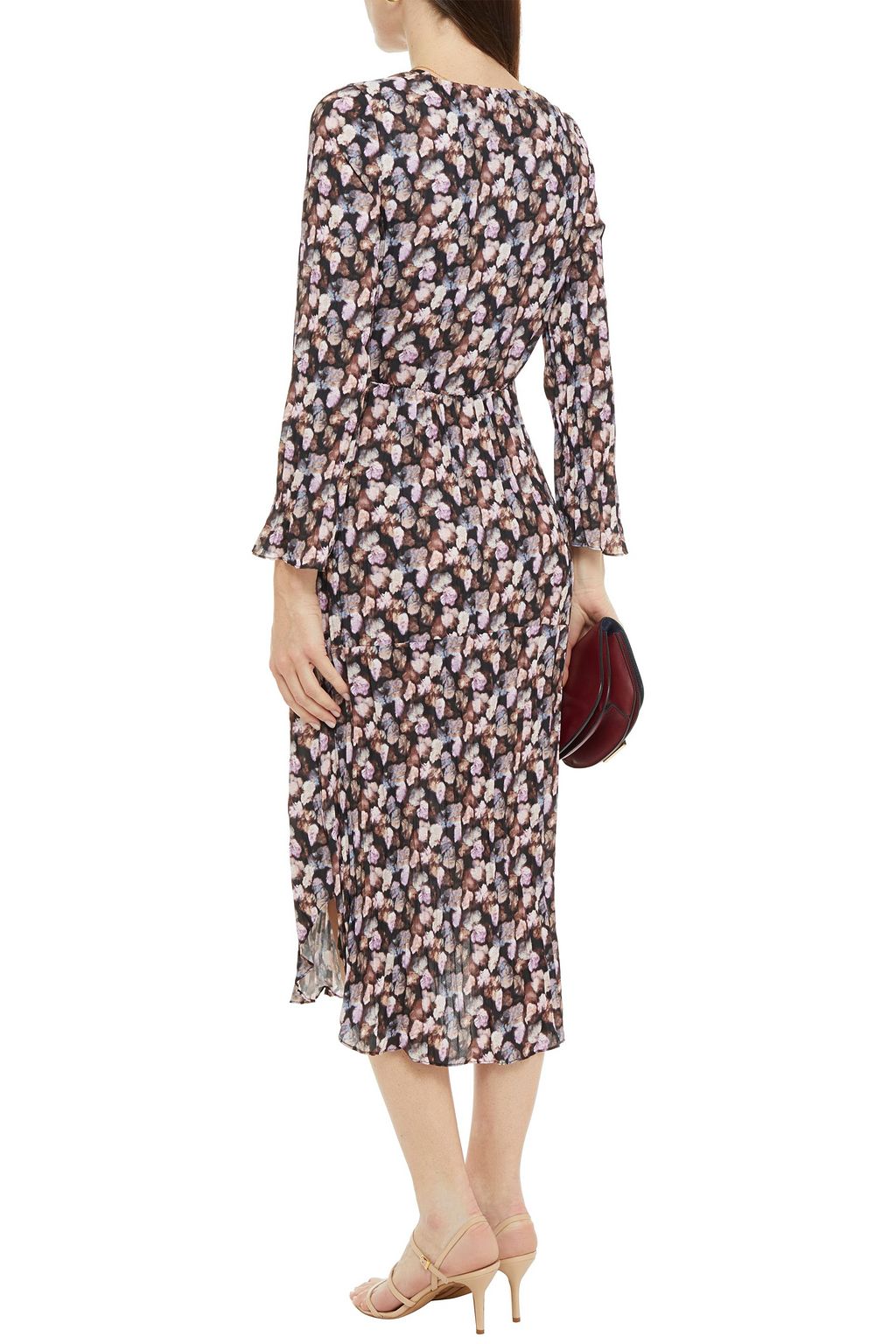 VINCE. Twist-front plissé printed crepe de chine midi dress