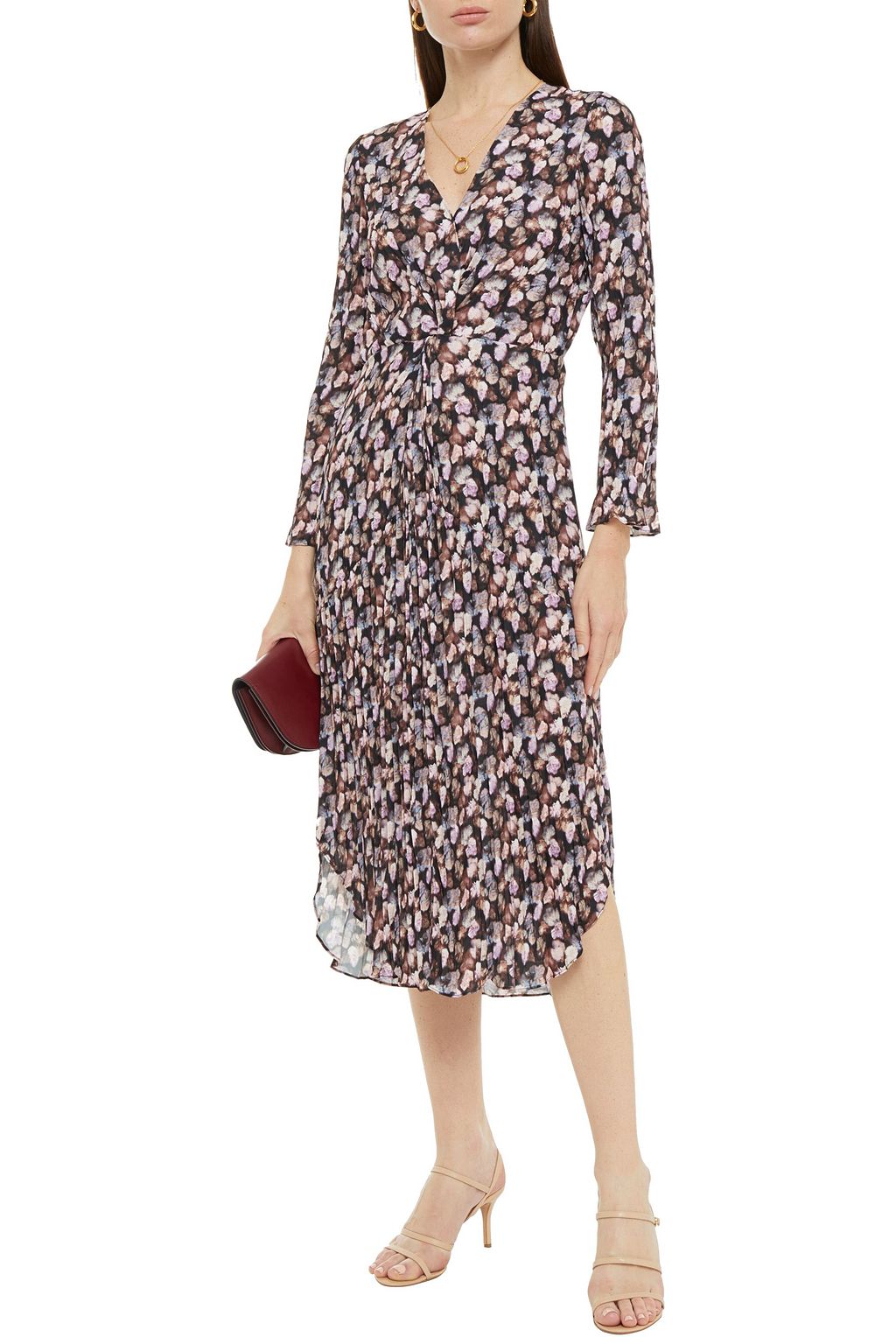 VINCE. Twist-front plissé printed crepe de chine midi dress