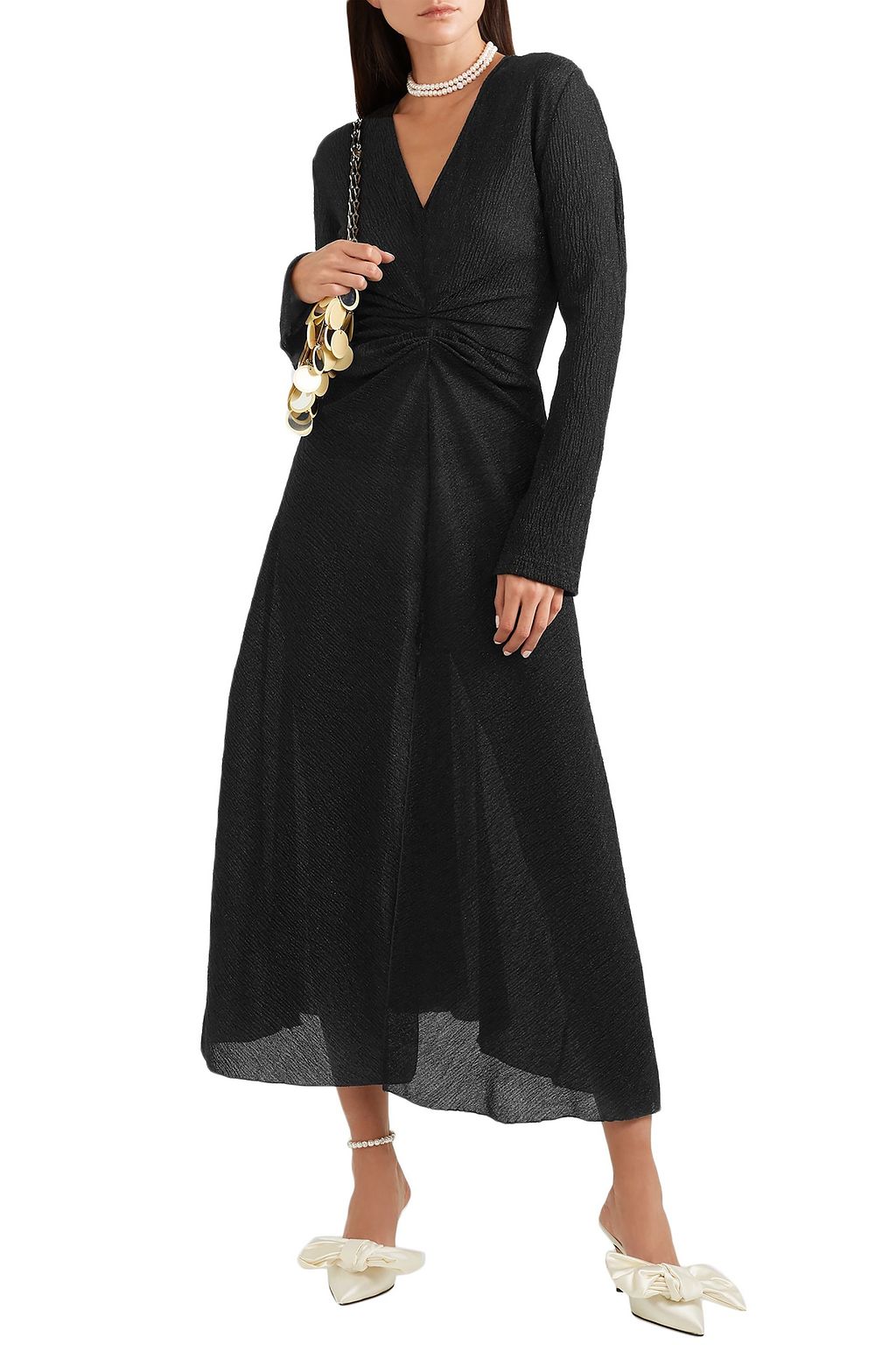 ROTATE BIRGER CHRISTENSEN Gathered metallic stretch-knit midi dress